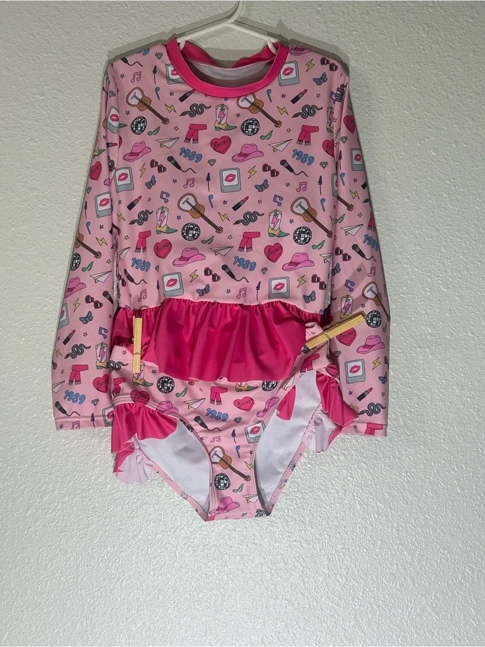 Girls' Swiftie Pink Long Sleeve Ruffle Swimsuit